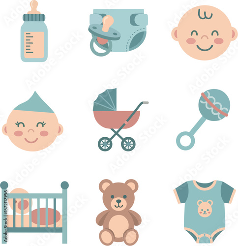 A set of baby-related icons including a bottle, diaper, face, stroller, crib, teddy bear, and onesie.