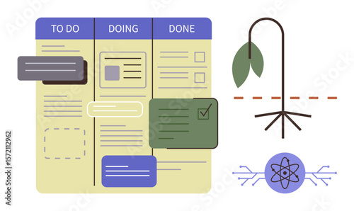Kanban board segmented into To Do, Doing, and Done next to a drooping plant and atomic symbol. Ideal for productivity, collaboration, task management, workflow, sustainability, prioritization