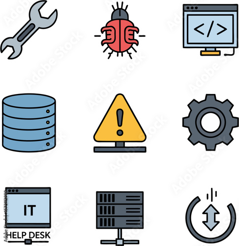 A collection of simple, colorful icons representing technology and software concepts.