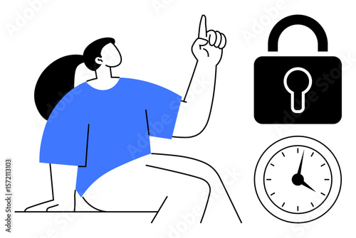 Woman seated and pointing upward, large padlock signifying security, and clock emphasizing time. Ideal for security, productivity, decision-making, time management, planning focus teamwork. Simple