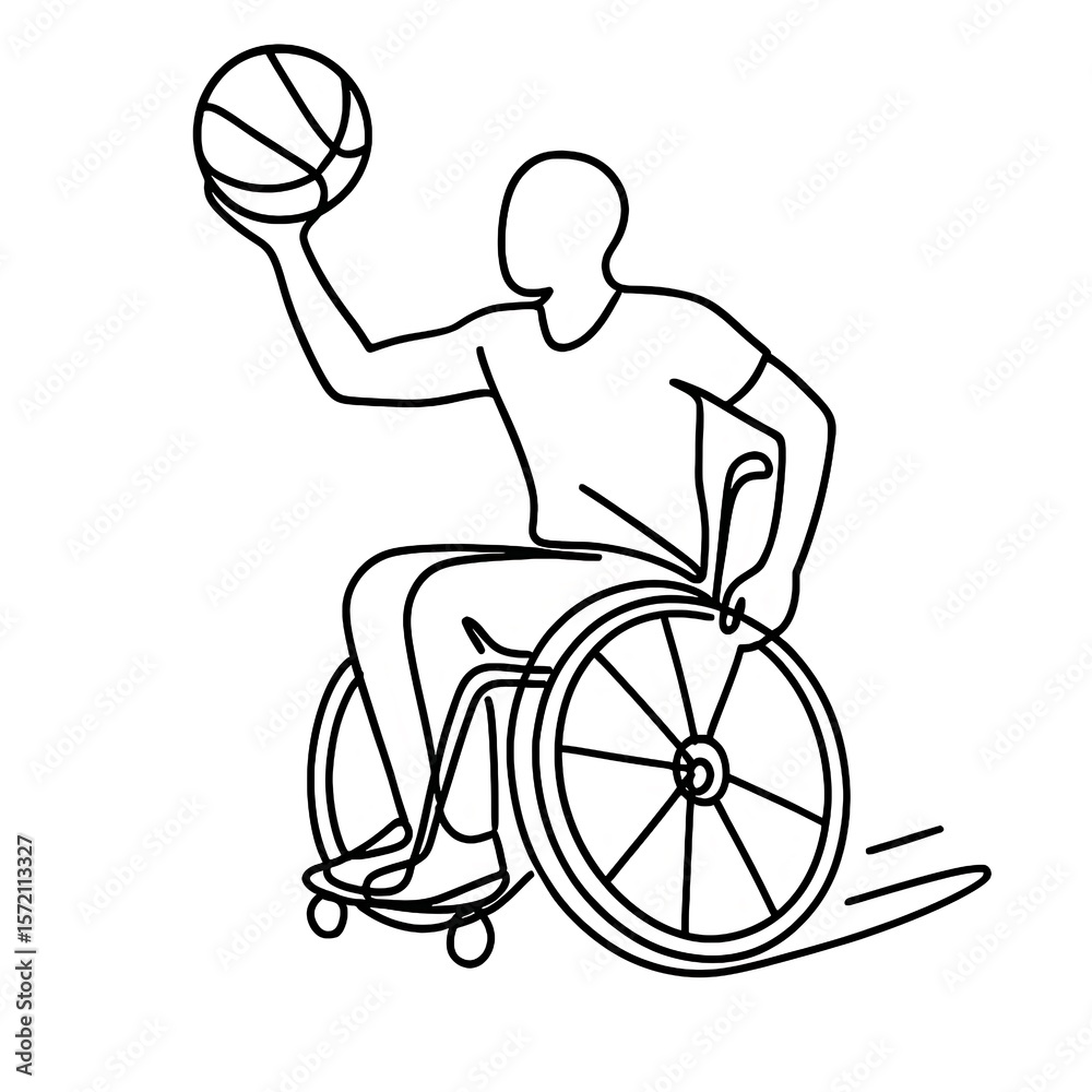 Fototapeta premium Dynamic line art depicts a person in a wheelchair holding a basketball with energy and motion.