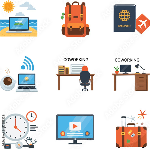 Digital nomad lifestyle icons depicting travel, remote work, and flexible scheduling.
