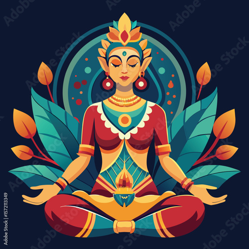 Colorful illustration of a meditating indian goddess with elegant geometric design and ornate embellishments
