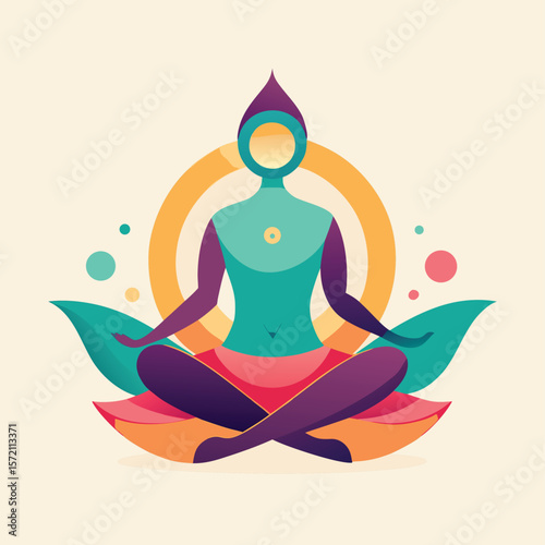 Abstract illustration of a person meditating in lotus pose symbolizing peace and wellbeing