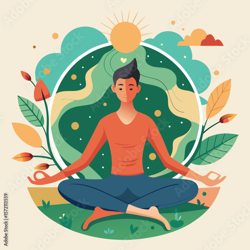 Meditating person in lotus position amidst nature elements promoting mindfulness and well being