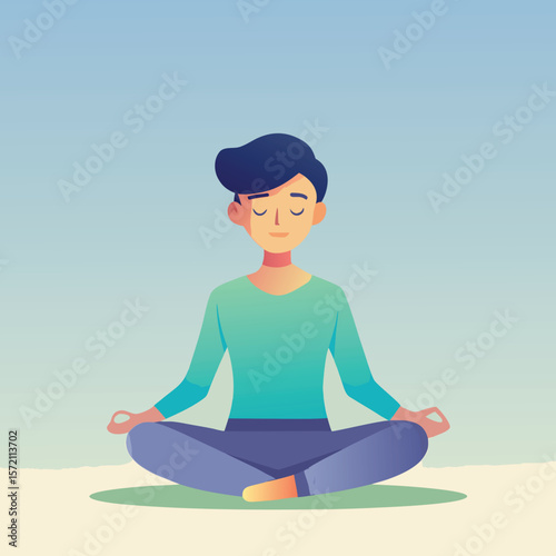 Peaceful cartoon illustration of a person in lotus pose meditating achieving inner peace and harmony