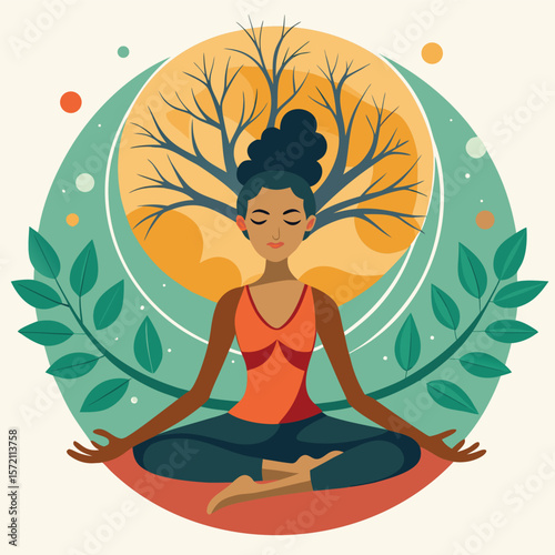 Meditating woman with tree and nature elements representing inner peace and balance.
