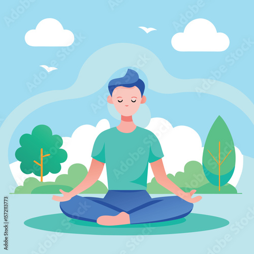 Peaceful illustration of a person meditating outdoors in a calm and tranquil garden setting