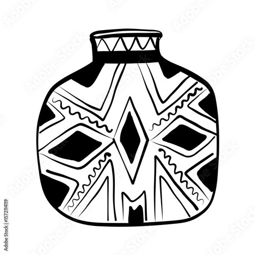 Decorative vector illustration of an artistic pot with intricate black and white patterns