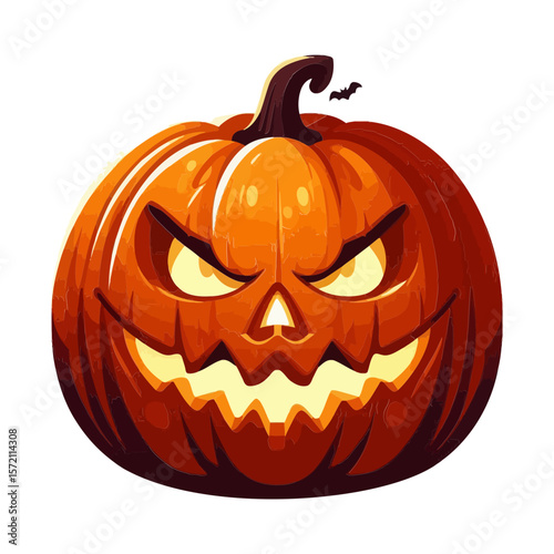 A grinning, spooky jack-o'-lantern with glowing eyes and a small bat. Ideal for websites/blogs on Halloween, autumn, horror, or festive decorations.


