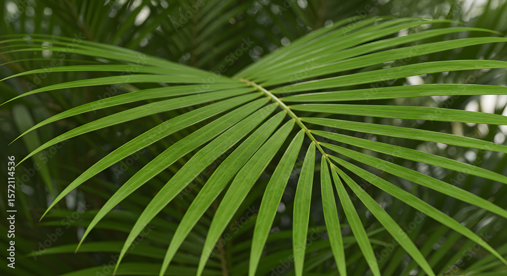 Obraz premium Bright Green Palm Leaf with Natural Lighting on Jungle Background for Tropical Nature Decor