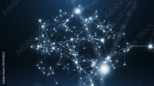 A dynamic animation illustrating the growth of an artificial neural network. Glowing nodes and connecting lines emerge and expand across the screen, gradually forming the shape of a human brain.