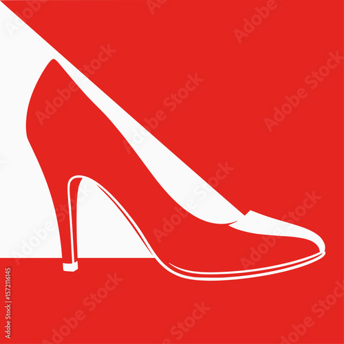 A sleek red high-heel shoe silhouette, symbolizing fashion, elegance, and feminine style on a red background.