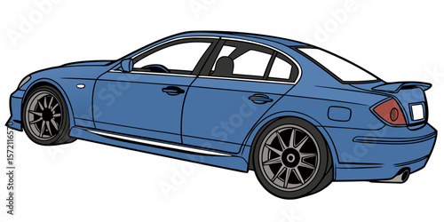 A realistic image of a blue   sedan car, featuring sleek, modern design lines and a polished exterior finish isolated against a white background.