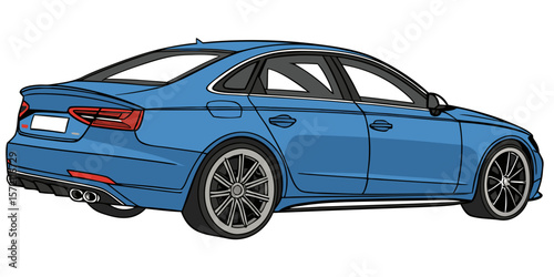 A realistic image of a blue   sedan car, featuring sleek, modern design lines and a polished exterior finish isolated against a white background.