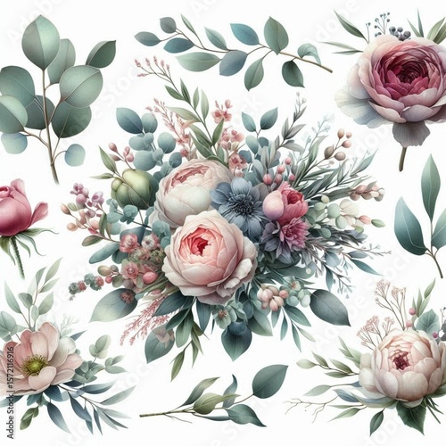 Bouquet set with watercolor floral illustration. Wedding invitations, greetings, wallpapers, fashion, prints. Eucalyptus, olive tree, peony, rose.