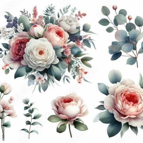 Bouquet set with watercolor floral illustration. Wedding invitations, greetings, wallpapers, fashion, prints. Eucalyptus, olive tree, peony, rose.