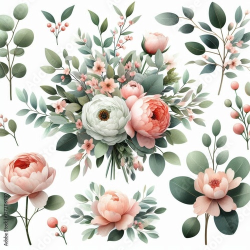 Bouquet set with watercolor floral illustration. Wedding invitations, greetings, wallpapers, fashion, prints. Eucalyptus, olive tree, peony, rose.