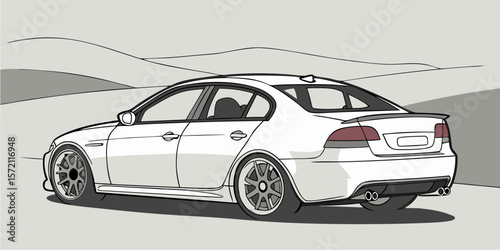 A realistic image of a white   sedan car, featuring sleek, modern design lines and a polished exterior finish isolated against a hills background.