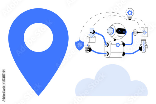 AI-powered robot performing tasks thumbs up delivery, idea generation, and security analysis near a location marker and cloud. Ideal for technology, automation, logistics, AI, security