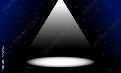 A dramatic spotlight beam shining on a dark stage with glowing blue sparkling lights in the background. Perfect for performance, concert, theater, or event promotion themes. 