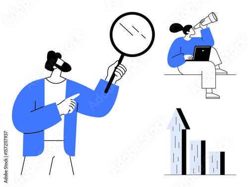 Person holding magnifying glass, another observing with telescope and laptop, upward bar chart. Ideal for research, analysis, discovery, progress, teamwork, business simple landing page