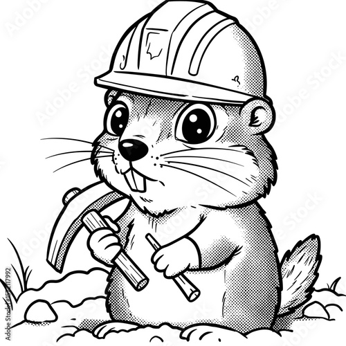 A cartoon gopher wearing a construction helmet holds a pickaxe and stick, standing in a grassy, rocky area.