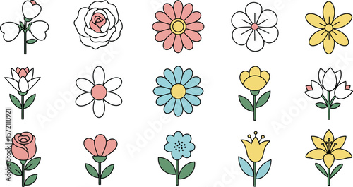 Vector flower illustration set of various flower types for design elements and floral graphics art work