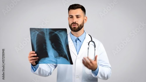 Doctor Holding X-Ray Image of Lungs and Explaining Diagnosis in Medical Examination Room