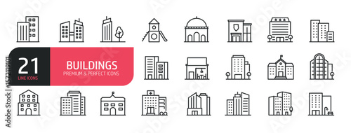 Set of line icons related to real estate, mosque, apartment, hospital, downtown. Outline icons collection. Editable stroke. Vector illustration