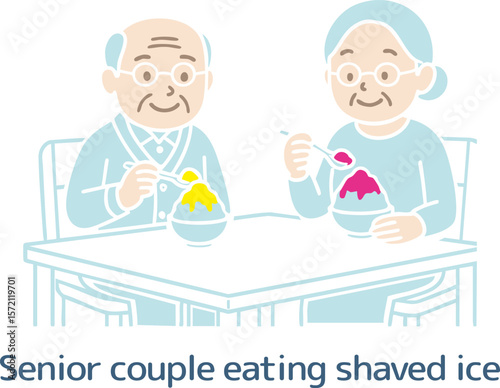 かき氷を食べるシニアの夫婦（主線なし）
Senior couple eating shaved ice (no main line)