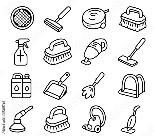 A comprehensive collection of line-art icons representing various cleaning supplies, set against a seamless background.