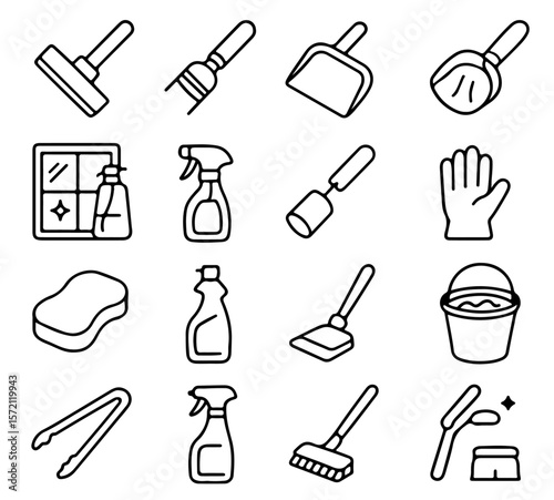 A clean and tidy assortment of cleaning tools and supplies is displayed in a graphic outline format, perfect for conveying concepts of cleanliness.