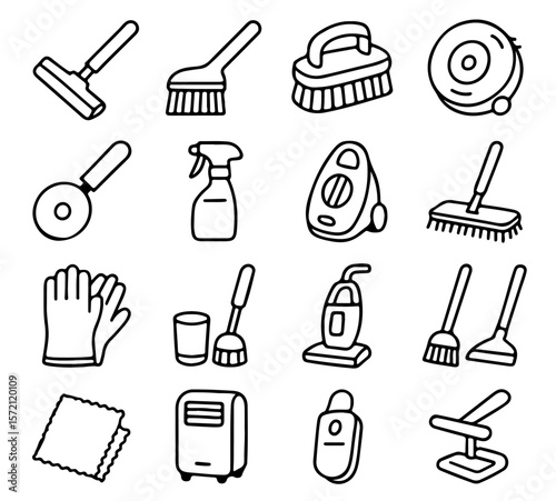 A collection of clean tools represented for home hygiene. Featuring various cleaning objects for home care. Showcasing a range of tools for tidiness and cleanliness. 