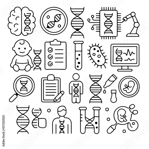 A set of intricately designed line art icons illustrates diverse facets of genetic research, biotechnology, and medical advancement, signifying the complexities of scientific investigation.