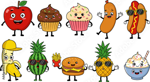 Cute cartoon food characters illustration vector design apple cupcake banana pineapple burger hotdog