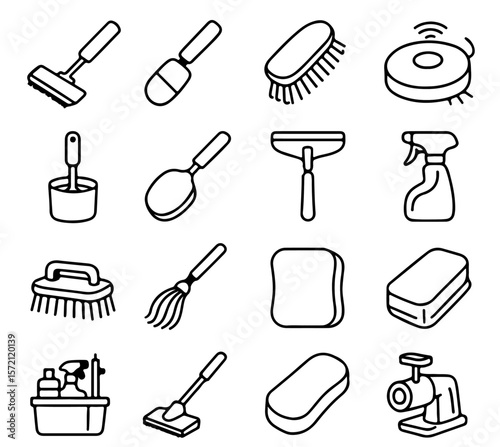 A collection of cleaning tools organized neatly, showcasing various instruments for maintaining hygiene in a vector-style composition.