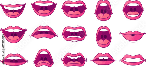 Cartoon mouth expressions vector set of different lips gestures and facial emotions illustration