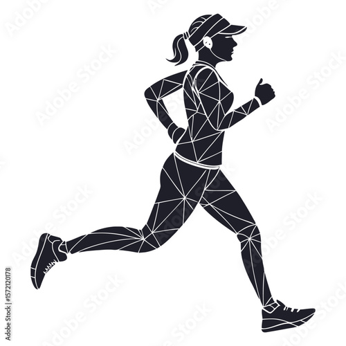 Geometric Female Runner Silhouette with Headwear - Abstract Low Poly Sportswoman Illustration