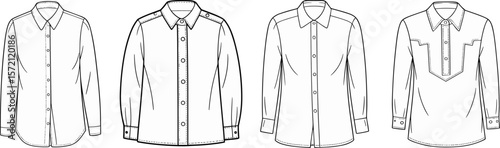 Men’s button-up shirt vector template, front view long sleeve designs, fashion technical sketch, classic collar shirt illustration, clothing mockup