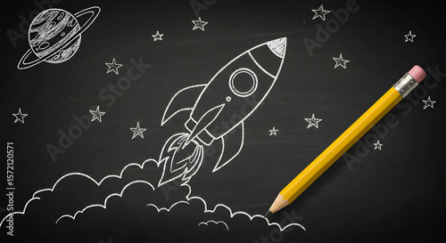 Fototapeta Naklejka Na Ścianę i Meble -  Chalk Drawings of Rocket and Space Scene on Blackboard with Yellow Pencil