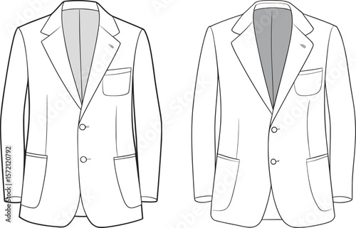 Men's blazer flat sketch, fashion technical drawing, tailored formal coat design, vector template front view for clothing production, editable outline