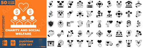 Charity And Social Welfare Duotone Editable Icons set. Vector illustration in modern thin duotone style of charity icons: support, hand, help, etc
