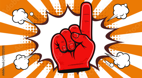 Red foam finger illustration for sports fan and number one supporter with comic book background
