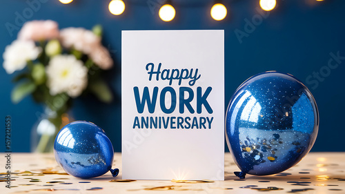 Happy Work Anniversary card with blue balloons and flowers 1