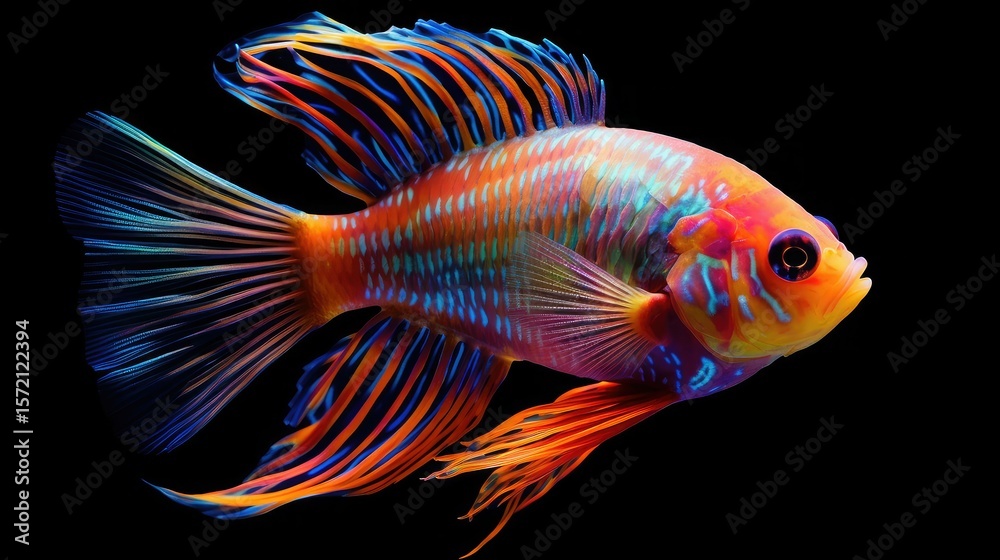 Fototapeta premium Close up shot of a colorful ram cichlid fish swimming in a dark water aquarium with vibrant colors