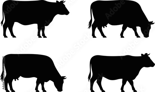 Black cow silhouette vector illustration set for farm animal graphics and dairy product designs use graphic