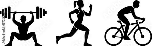 Fitness workout vector illustration featuring weightlifting running and cycling exercise training