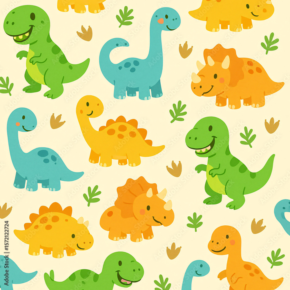 Seamless Dinosaur Pattern with Cute Cartoon T-Rex, Triceratops, and Sauropods