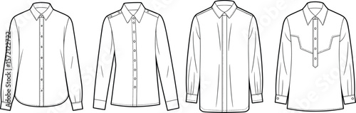 Women's long sleeve formal shirt fashion flat sketch, front view technical drawing, detailed blouse templates for design and illustration